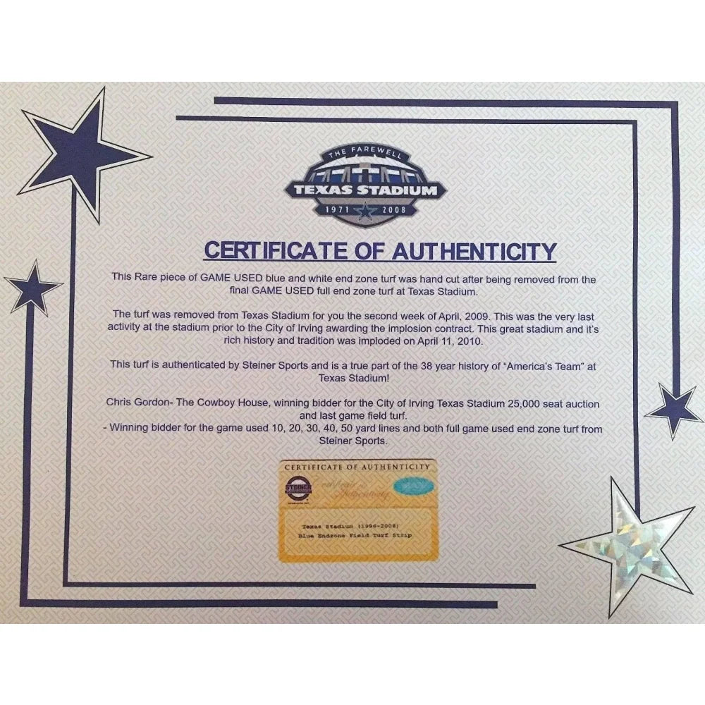 Dallas Cowboys Texas Stadium Game-Used End Zone Turf Framed (COA, d/25)