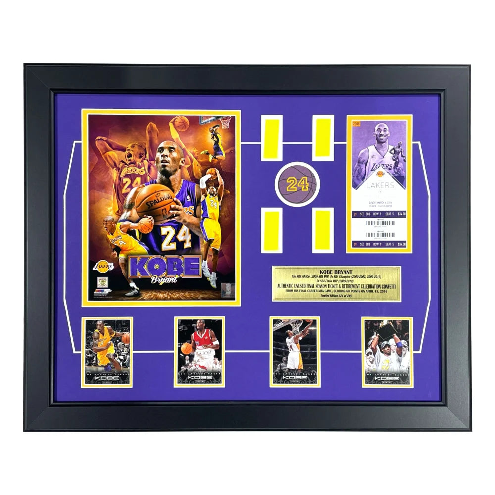 Kobe Bryant Final Lakers Game-Used Confetti & Final Season Ticket Collage Framed